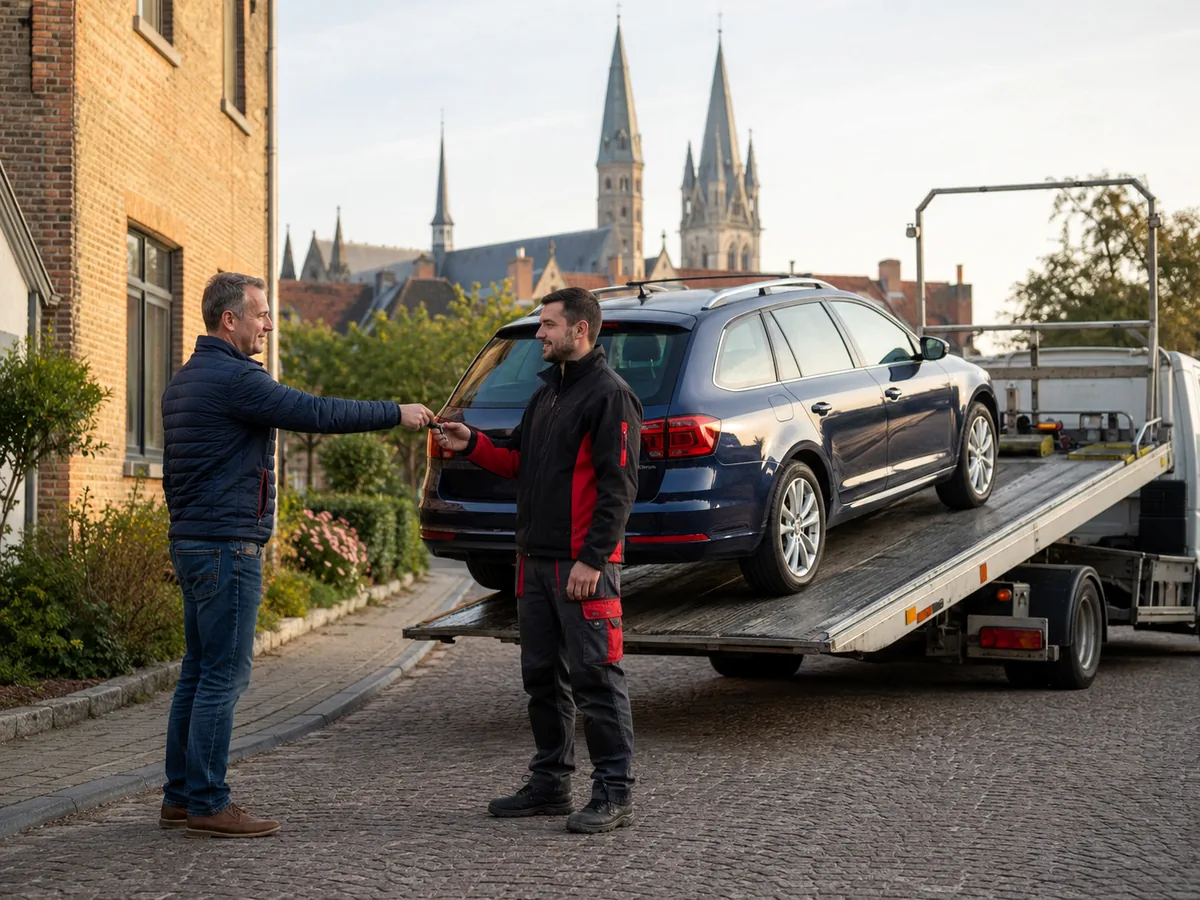 Auto wordt in Ieper op een oprijwagen geladen voor gratis ophaling, met de Lakenhalle op de achtergrond